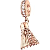 Rose Gold Shuttlecock Dangle Charms, 925 Sterling Silver Badminton Pendant with Clear CZ, fit Pandora DIY Sports Bracelet Bangle, Celebration Gifts for Sports Lover/Graduation/Friends