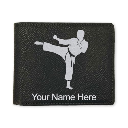 LaserGram Faux Leather Bi-Fold Wallet, Karate Man, Personalized Engraving Included (Black with Silver)