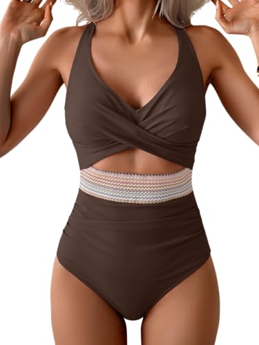 Image of B2prity Women's One Piece Swimsuit Tummy Control High Waisted Bathing Suit | Color Block,Removable Soft Cups,Cutout,V neck,Full Coverage,Adjustable Criss Cross Straps,Tie Back