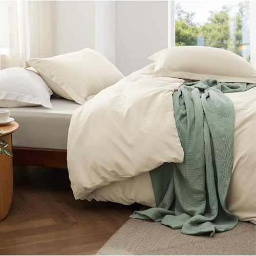 Image of Bedsure Duvet Cover King Size with Fitted Sheet - 4 Pieces Prewashed Cotton-Like Soft Bedding Set, Includes 1 Duvet Cover 104x90 Inches with Zipper Closure, 2 Pillow Shams, 1 Fitted Sheet, Oat Milk