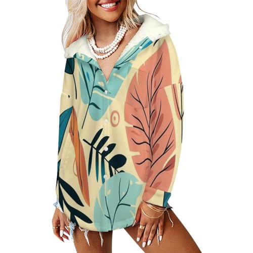 Veste polaire boutons femme rétro avec capuche doublée en peluche sherpa et poches blouson bleu-vert