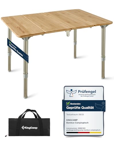 KingCamp Campingtisch Bambus Klapptisch höhenverstellbar für 1-2 Personen Campingtisch klappbar 4 Falten mit Tragetasche belastbar bis 80 kg,60 x 40...