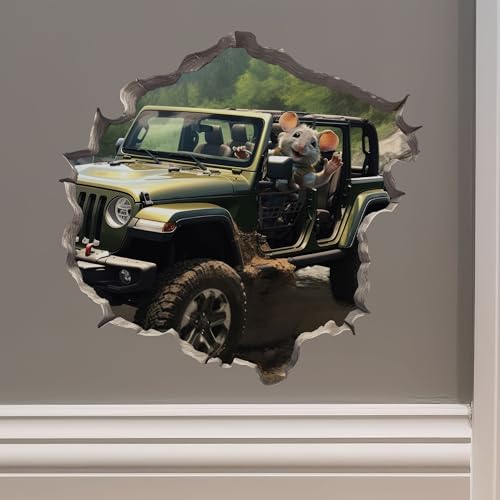 My Wonderful Walls Jeep Wrangler Mouse in Mouse Hole 3D Wall Sticker - Green Vinyl Cartoon Style Wall Sticker for Walls, Glass, Vehicles