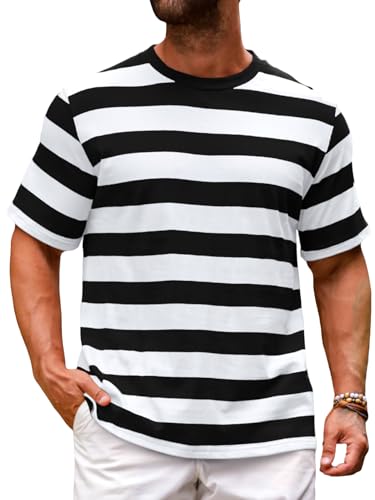 Runcati Mens Short Sleeve T-Shirts Striped Casual Crewneck Basic Shirt Color Block Stretch Summer Beach Tees