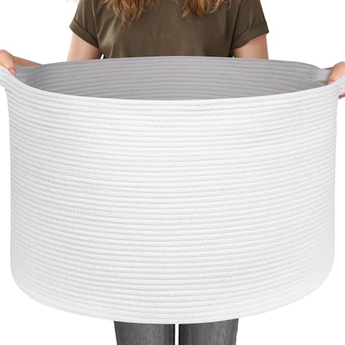 Image of MEGASKET 115L White Cotton Rope Storage Basket, 23.6 inchx15.7 inch Extra Large Blanket Storage Living Room, XXXL Soft Toy Bin for Organizing, Woven Baby Laundry Basket with Handle, Wicker Hamper Nursery