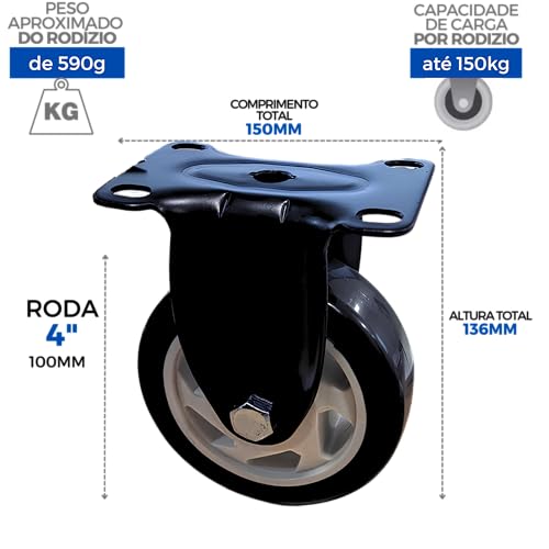 Kit 4 Rodinhas Rodizio Roda 4 Polegadas Giratórias E Fixas (Preto)