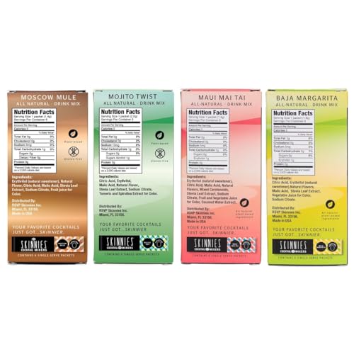 RSVP Skinnies Spring Pack - Zero Sugar Mixers for Cocktails or Mocktails - No Aspartame, Gluten Free - Margarita, Moscow Mule, Mojito and Mai Tai Drink Mixers (4 boxes/24 packets)