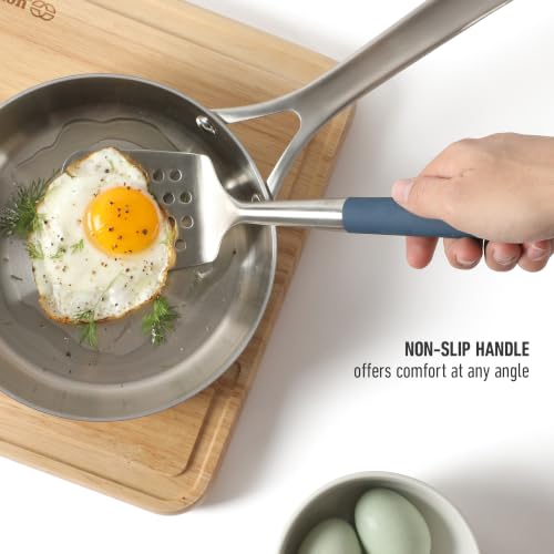 Image of Calphalon Slotted Turner, Kitchen Flipping Spatula, Slotted Spatula, Stainless Steel Turner with Silicone Heat Resistance Handle, Nonstick-Safe Spatula for Draining and Flipping (Navy)