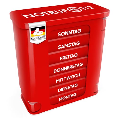 Kerpers® Tablettenbox 7 Tage | MADE IN GERMANY | Pillendose mit 4 Fächer - morgens mittags abends nachts | Medikamentenbox für Tabletten und Supplements (1 Stück Rot)