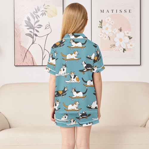 ALAZA Cat Skateboard Kitten Satin Pajamas Set Short Sleeve Button Down Sleepwear Summer Pjs 2 Piece4