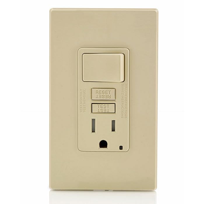 Image of Leviton GFCI Combination Outlet with Switch, 15 Amp, Self Test, Tamper-Resistant with LED Indicator Light, Saves Space, GFSW1-I, Ivory