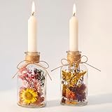 BBTO 6 Piezas 2 Set de Flores Secas en Frascos de Vidrio con Velas Ramo de Flores Secas con Jarrón Candelabros de Botella Decoración de Mesa Regalo para Mujer