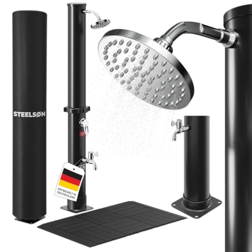 STEELSØN Velion Solardusche Garten 40 L – Solar Gartendusche 60° mit Bodenplatte – Außendusche schwarz Winterfest – Pooldusche mit Fußdusche & Regenduschkopf – inkl. Gartenschlauch-Anschluss & Cover