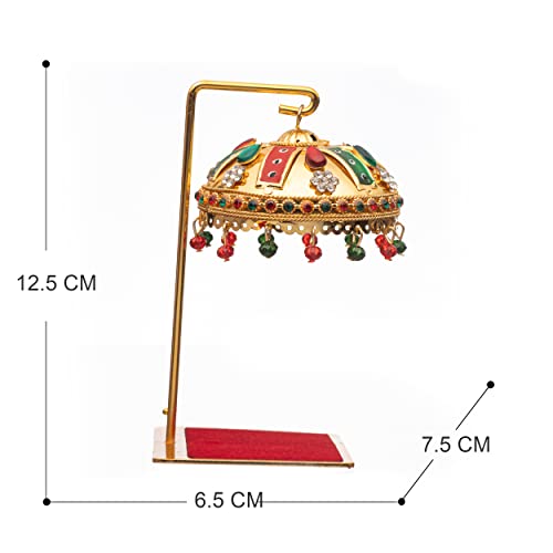 Image of Metal Chhatra Umbrella with Hanging Crystals - Decorative Chatri Aasan for God Idol, Car Dashboard, Office Desk, Table, or Home Mandir Showpiece (M 33)
