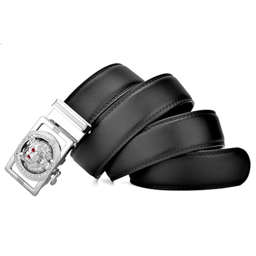 Ratchet Belt Men, Leather Belts for Men with Red-Eyed Wolf Head Pattern Alloy Square Diamond Buckle,Black b,115CM/45.3''2