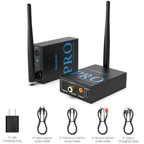 1Mii 2.4GHz Wireless Audio Transmitter and Receiver (1 TX+1 RX), HiFi Audio, 20ms Low Latency, 328ft Long Range Wireless Kit for Speaker/Stereo/Soundbar, Optical/Coaxial/3.5mm(RCA) Ports