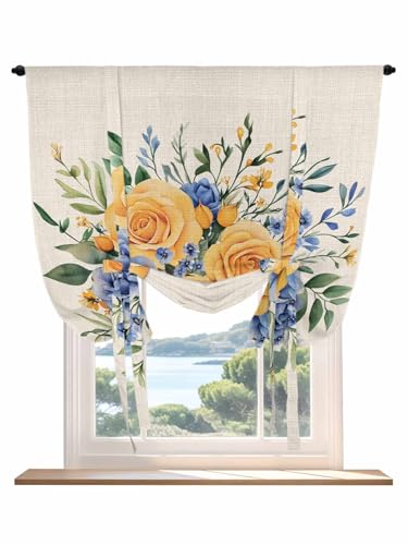 Tie Up Curtains for Windows Yellow Blue Floral Roman Shade 42 x 45 Inch Bathroom Curtains Window Eucalyptus Leaves Botanical Rod Pocket Short Balloon Curtains for Living Room Kitchen Small Blinds