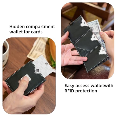 Image of LLH Leather Trifold Wallet - RFID Blocking with Stainless Steel Locking Clip Wallet, Minimalist Front Pocket RFID Blocking Credit Card Holder (Dark Green)