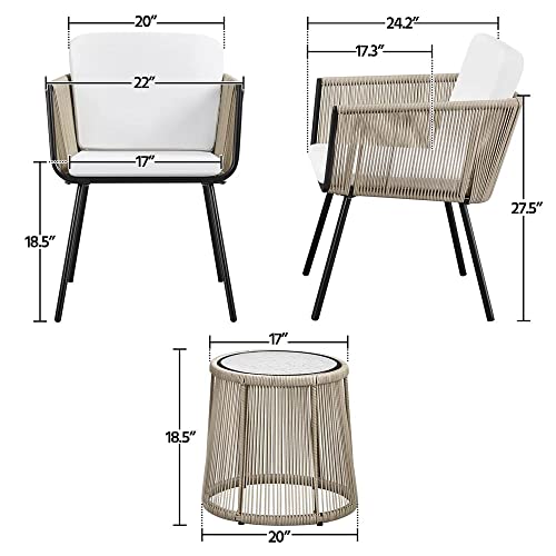 Image of LOCCUS 3 Pieces Patio Furniture Set Outdoor All Weather Woven Rope Conversation Bistro Set Hand-Woven Rope Chairs with Glass Top Coffee Table Set for Backyard (Beige and Off-White)