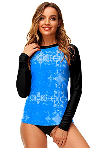 Deerose Womens Long Sleeve Swim Top Active Outdoor Uv Protective Print Surf Shirts Rash Guard Black Blue L #TOP2