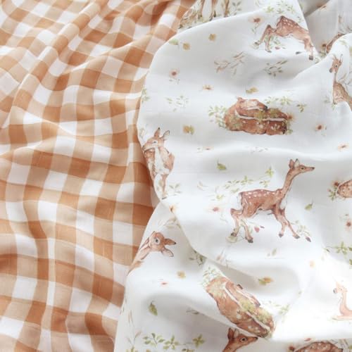 Image of LifeTree Baby Swaddle Blankets, Boys Girls Muslin Swaddling Wrap Receiving Blanket for Newborn, 70% Viscose from Bamboo and 30% Cotton, Large 47 inch x 47 inch, Deer and Checkered