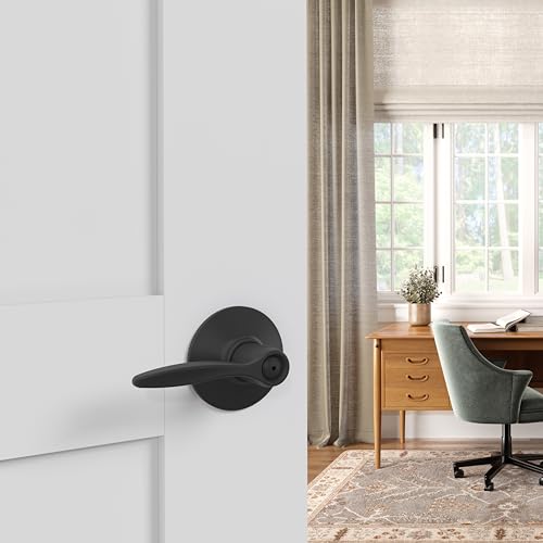 Image of Schlage Delfayo Bed /Bath Privacy Door Handle with Lock, Matte Black | Interior bedroom or bathroom door lever with push button lock, Reversible, Easy install, Certified durability, Universal fit