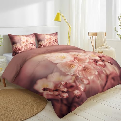 Housse de Couette Microfibre Douce 160x200 Parure Fleurs Roses