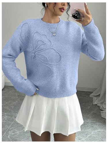 Image of RoseSeek Women's 3D Floral Appliques Crewneck Sweaters Long Sleeve Drop Shoulder Pullovers Elegant Knit Tops