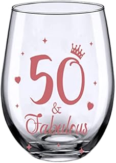 JUWNMANT 50th Birthday Gifts, Men and Women Cheers 50th Birthday Wine Glasses, 50th Birthday Party Wedding Anniversary Decor Gift, 17oz Stemless (50 and Fabulous)