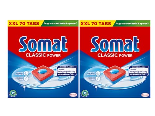 Somat Pastillas para lavavajillas Classic Power, 140 pastillas (2 x 70 pastas), pastillas para lavavajillas con poder desengrasante, para una limpieza potente, pastillas para platos limpios, incluso a