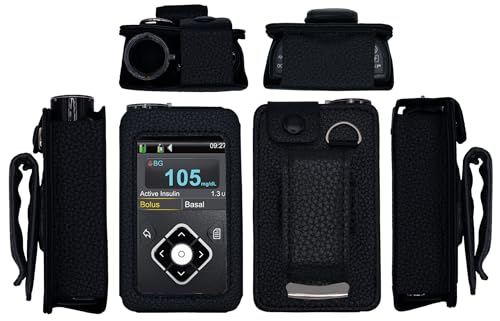 Funda de piel ajustada con clip giratorio para cinturón + protector de visualización para bomba de insulina Medtronic minimizada (minimizado 630 G / 640 G / 650 G / 670 G / 770 G / 780 G) (negro)