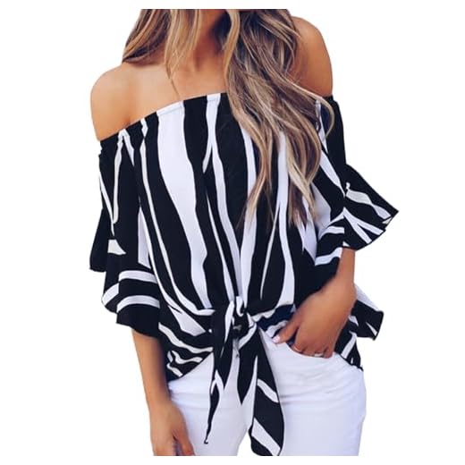 LuckyMore Off The Shoulder Tops Women Summer Short Sleeve Tie Front Casual Shirts Blouse Black XL