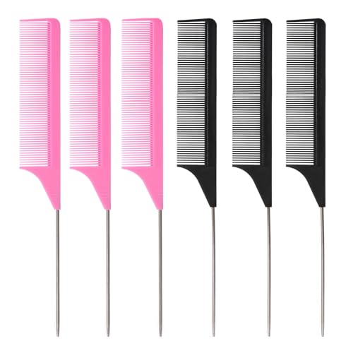 Hroevc 6PCS Rat Tail Combs Set Parting Fine Tooth Combs with Metal Pick for Braiding Hair Women/Men Highlighting and Parting(Black Pink)
