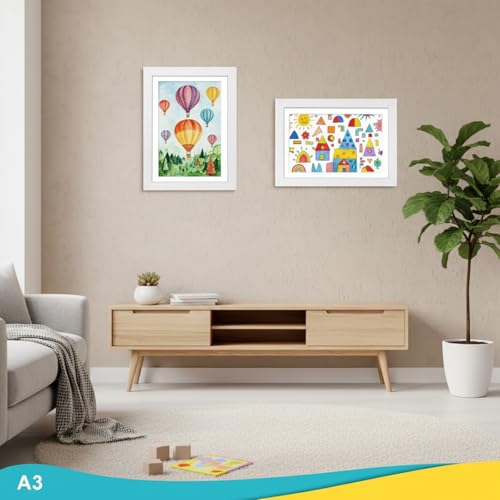 Dulov Bilderrahmen Kinderzeichnungen A3 Holz Set (1, Weiß) – Frontöffnung Kinderrahmen für Kunstwerke – Wechselrahmen mit Passepartout für DIN A4/A3 – Ideal für Kinderbilder, Schule, Zuhause & Büro