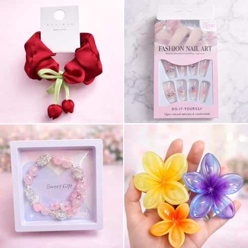 Image of 9-Piece Women's Fashion Jewelry & Hair Accessories Gift Set | Pendant Chain, Pandora-Style Bracelet, Oxidised Jhumki Earrings | Satin Hair Bow, Scrunchie & Big Flower Claw Clip | Perfect For Rakhi Gift | Random Colors & Designs (ZEV GIFT HAMPER)