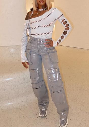 Unybwonn Women High Waisted Metallic Cargo Jeans Y2k Satin Sparkly Straight Wide Leg Denim Pants with Flap Pockets2