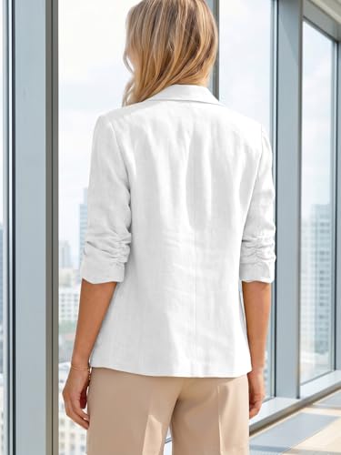 Image of Mina Self 2026 Summer Women's Linen Blazer Jacket - Lightweight Breathable 3 /4 Stretchy Ruched Sleeve Casual Work with Pocket
