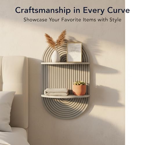 Image of American Art Decor Grey Boho Arched Modular Carved Wall Shelf, Wooden 2-Tier Floating Bookshelf for Wall, Fluted Arch Display Shelf for Bedroom Bathroom Kitchen Living Room Decor, 14 inch x 24 inch