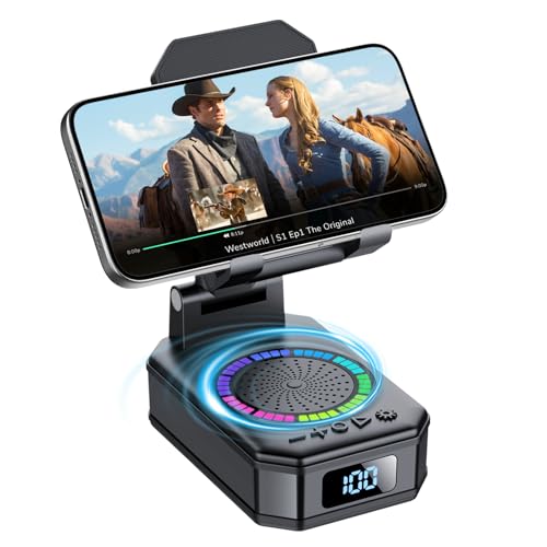 buwy Gifts for Men Women, Cell Phone Stand with Wireless Bluetooth Speaker and Colorful LED Lights, Anti-Slip Base HD Surround Sound, Rechargeable (3000mAh), Home and Outdoors Bluetooth Speaker Black