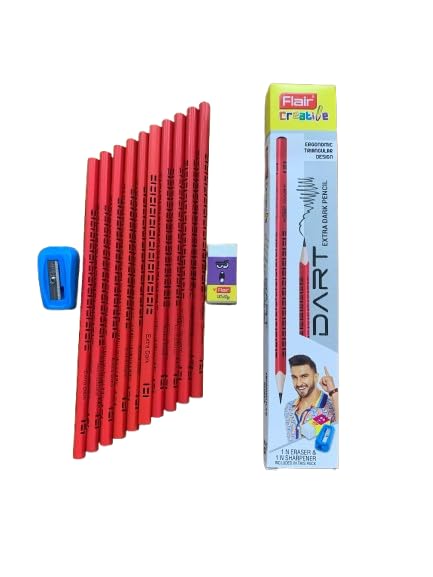 Image of FLAIR Creative DART Extra Dark 2B Wooden Pencils 10| Ergonomic Triangle Body| Comfortable Grip| Soft Treated Premium Wood| FREE 1 Eraser & Sharpener| Pack of 4