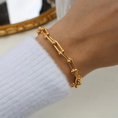 18K Gold Plated Chunky Link Chain Necklace and Bracelet for Women,U Shaped Bamboo Lock Chain Paperclip Chains Necklace for Women.2