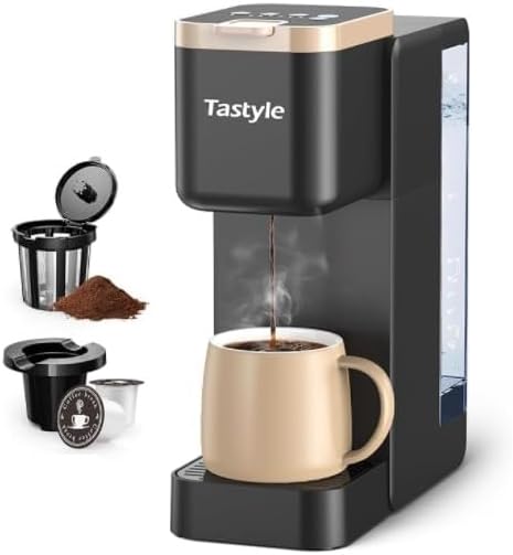 Tastyle Coffee Maker Model 320it or 330ic with a standard mug, illustrating the area where the drip tray is installed.