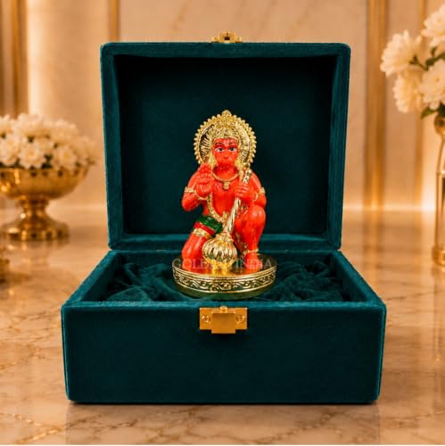 Image of Gold Art India Hanumanji Sitting with Gada Gold Plated Hanuman Statue for Car Dashboard, Hanuman ji murti for Home Decor, Office Shelves, and Gifts