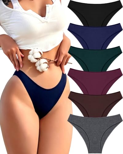 Image of FINETOO 6 Pack Cotton Underwear for Women Cute Low Rise Bikini Panties High Cut Breathable Sexy Hipster Womens Cheeky S-3XL