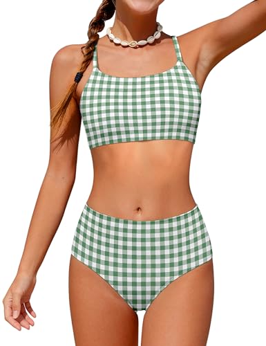 Teen Swimsuits for Girls 14-16 Green White Plaid Print 3 Piece Girls' Swimwear Adjustable Spaghetti Straps Teen Girl Bikini High Waisted Bathing Suit Girl 15-16 Years