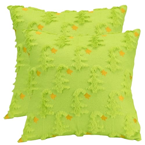 Christmas Pillow Covers 18x18 inch Set of 2 Green Christmas Tree Throw Pillow Cases 3D Embroidered Soft Plush Faux Fur for Chair Sofa Bedroom Living Room Home Decor
