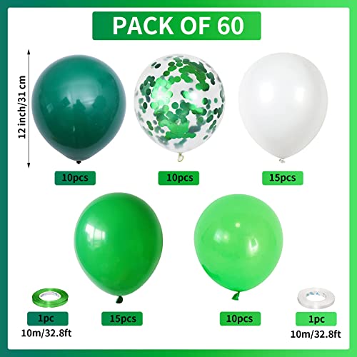 Image of 60 Pack Green Latex Balloons, 12 Inch Matte White Dark Emerald Green Light Lime Green Confetti Helium Balloons, Assorted Green White Balloons for Jungle Dinosaur Birthday Baby Shower Party Decorations