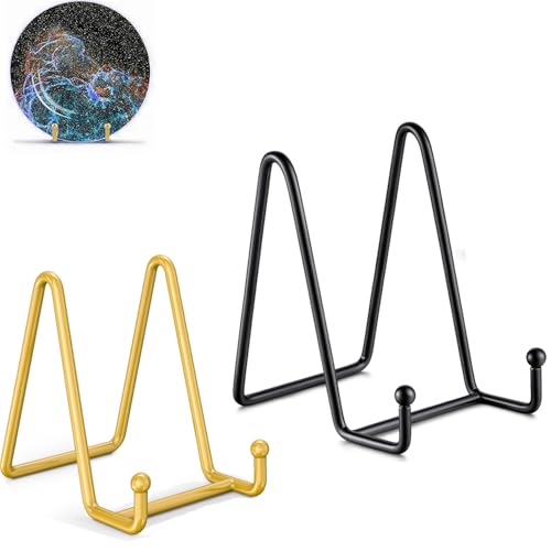 Plate display stand 3 Inch Gold 3'' & plate display holder4'' 4 Inch Black Metal Plated Kitchen Book Holder/Stand, Wire Metal Easel, Small Photo Stands for Table, Display for Picture Frames, Plaques