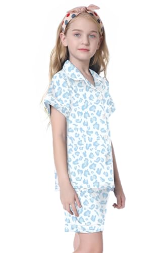 Image of Umeyda Women & Girls Pajamas Set, Soft Satin Lightweight Silk Button-Down Top with Shorts 2 Piece PJS for Mom Boys Kids Gifts