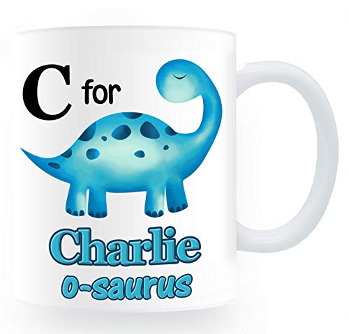 Personalised Plastic Unbreakable Kids Cup/Mug Blue Alphabet Dinosaur Theme Child/Baby/Toddler Cup for Boys